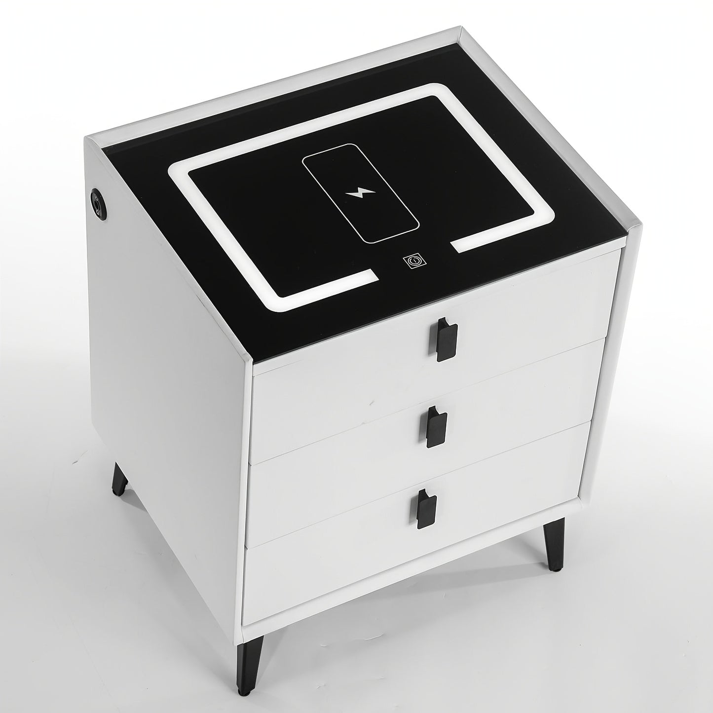 Comodino Nero/Bianco, Comodino con Luci LED Regolabili e 3 Cassetti, Organizer per Comodino Lucido per Camera da Letto