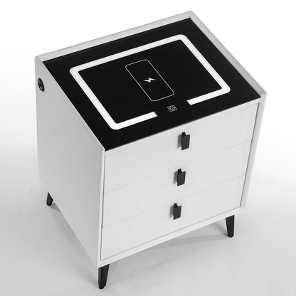 Comodino Nero/Bianco, Comodino con Luci LED Regolabili e 3 Cassetti, Organizer per Comodino Lucido per Camera da Letto