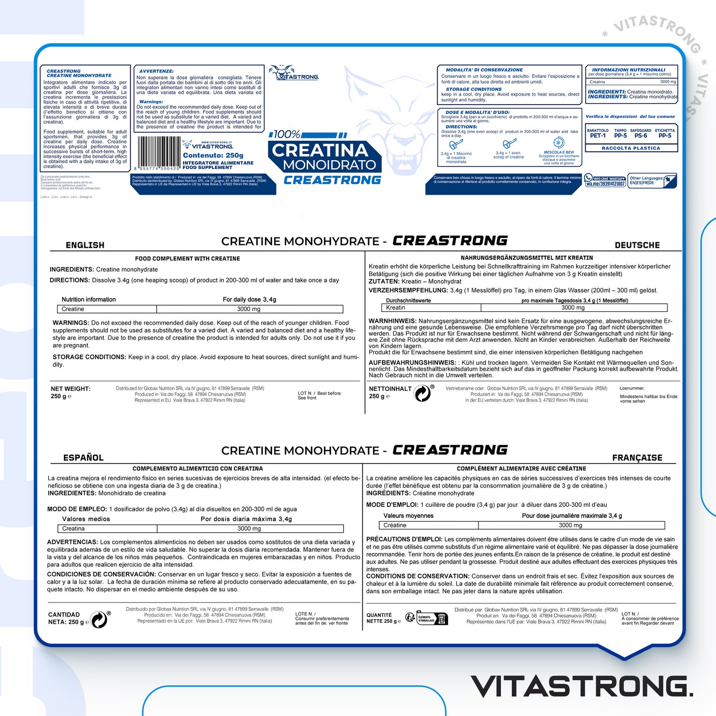 Creatina Monoidrata 3000 mg CreaStrong, Creatina in Polvere Senza Additivi, Creatina Vitastrong 250 g Solubile