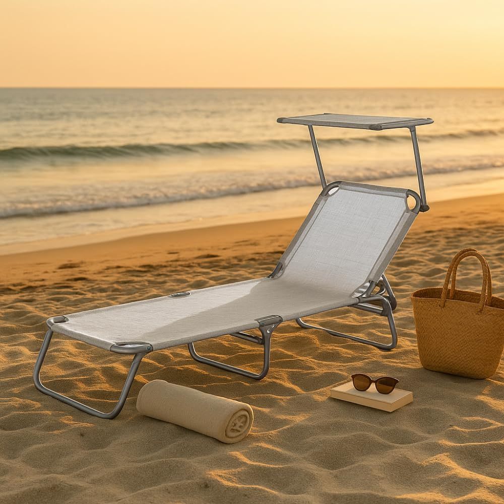 2 Lettini Prendisole Pieghevoli con Tetto Parasole, Misura 180x55x90 cm, Tessuto Textilene, Struttura Metallo Tubolare da 18mm, per Spiaggia, Piscina, Giardino, Peso Max 120kg