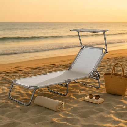 2 Lettini Prendisole Pieghevoli con Tetto Parasole, Misura 180x55x90 cm, Tessuto Textilene, Struttura Metallo Tubolare da 18mm, per Spiaggia, Piscina, Giardino, Peso Max 120kg
