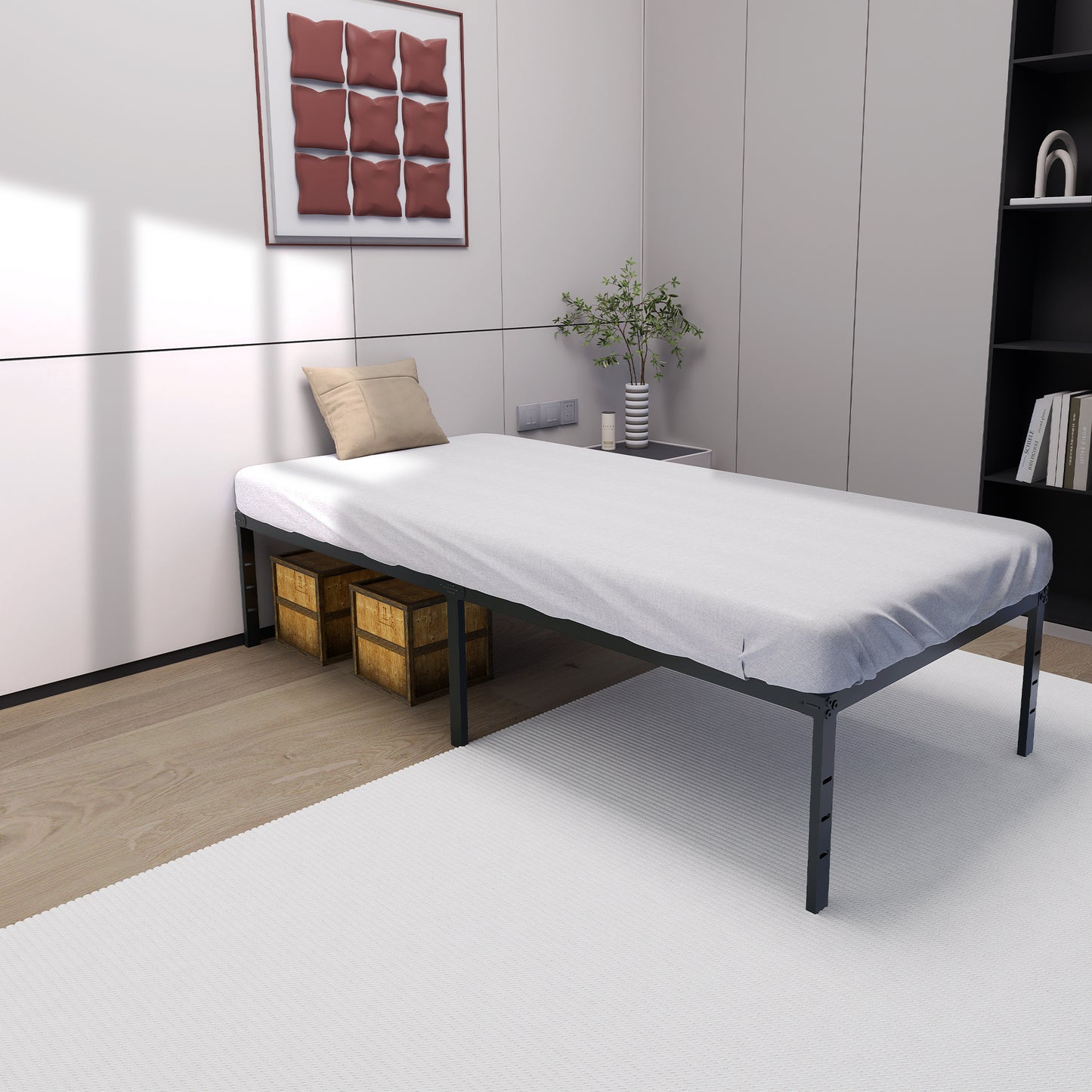 Struttura letto a piattaforma moderna in metallo con doghe robuste in acciaio e spazio di stoccaggio sotto il letto per camera da letto e camera degli ospiti, nero