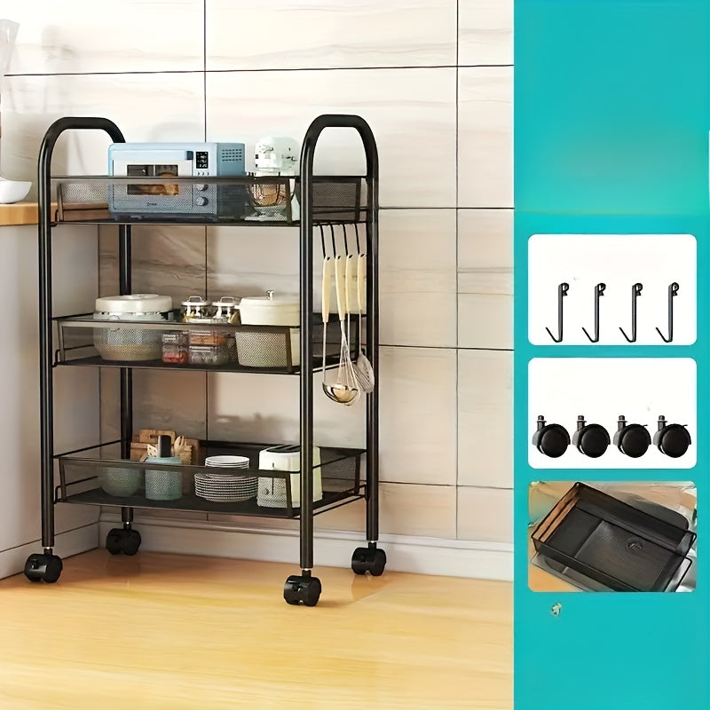 Scaffale Multifunzionale in Metallo a Tre/Quattro Livelli con Ruote, Scaffale Resistente Nero, Ideale per Garage e Cucina, Grande Capacità, Facile da Montare, Scaffale e Armadio per Cucina, Pratico e Funzionale, Perfetto per Cucina e Dispensa, Cestelli pe