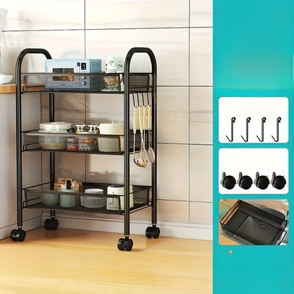 Scaffale Multifunzionale in Metallo a Tre/Quattro Livelli con Ruote, Scaffale Resistente Nero, Ideale per Garage e Cucina, Grande Capacità, Facile da Montare, Scaffale e Armadio per Cucina, Pratico e Funzionale, Perfetto per Cucina e Dispensa, Cestelli pe