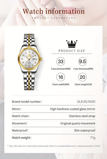 OLEVS Orologio da Donna Classico Business Dress Analogico Quarzo per Donne Elegante Lusso Acciaio Inossidabile Rheinstone Orologi da Donna Luminosi con Calendario Data per Donna Orologio da Polso Regali Romantici Reloj Para Mujer Quadrante Nero/Bianco/Dor
