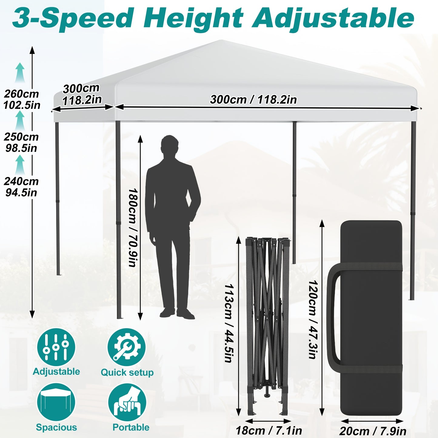Gazebo Pieghevole 3X6 per Giardino, Gazebo Pieghevole, Baldacchino Pop-Up, Altezza Regolabile 2.4M - 2.6M Tenda da Festa Tenda da Giardino per Feste in Giardino Matrimoni all'Aperto, Stabile Senza Tessuto di Supporto