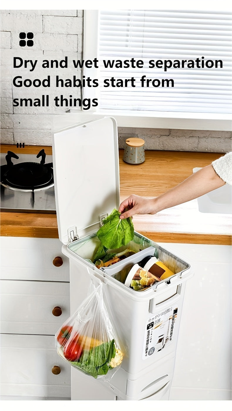 Pattumiera stretta da cucina da 32L con coperchio, raccolta differenziata con divisorio o doppi contenitori interni, a pedale per separazione di rifiuti asciutti e umidi, contenitore per rifiuti in plastica salvaspazio per cucina e bagno