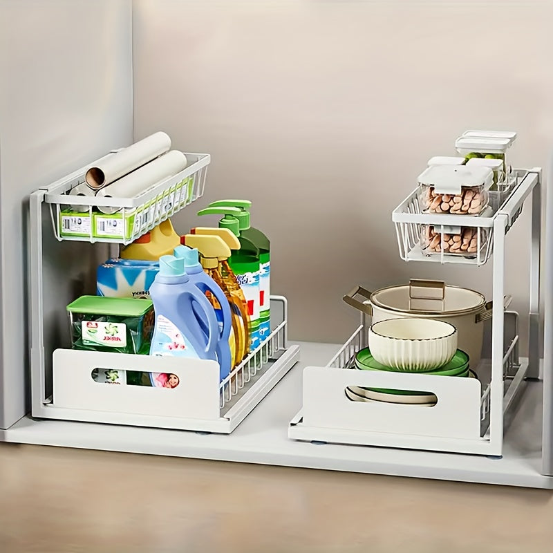 Organizzatore a doppio strato sottolavello - Scaffale estraibile in plastica resistente per armadietti, design impermeabile e antiruggine salvaspazio, adatto per cucina, bagno, dispensa, lavanderia - Facile da installare