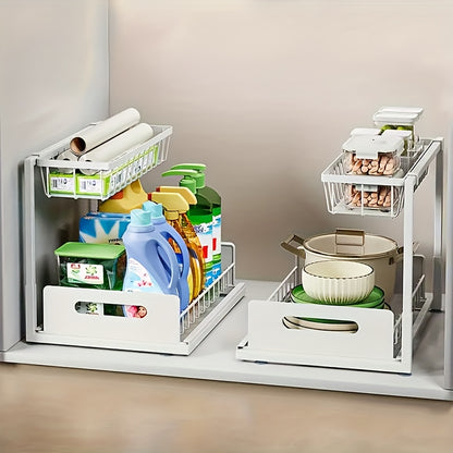Organizzatore a doppio strato sottolavello - Scaffale estraibile in plastica resistente per armadietti, design impermeabile e antiruggine salvaspazio, adatto per cucina, bagno, dispensa, lavanderia - Facile da installare