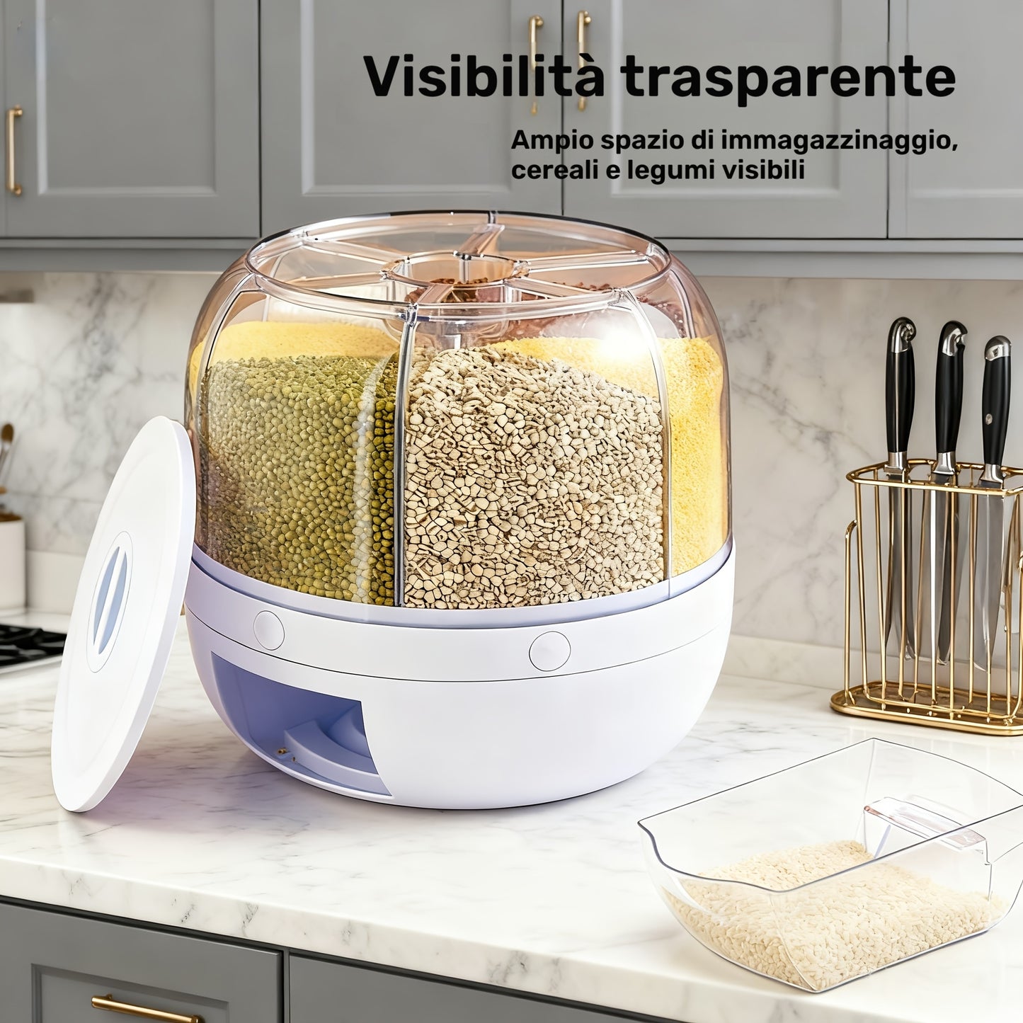 1 pz Contenitore rotante per la conservazione dei cereali, Contenitore rotante di grande capacità per il riso e i cereali, Contenitore per la conservazione di cereali integrali, Dispensazione one-touch per piccoli cereali