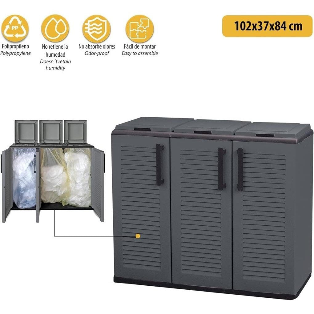 Buystar Mobile Raccolta Differenziata 300L con 3 Scomparti – Armadio Pattumiera Basso in Plastica Riciclabile con Coperchi, Anelli Portasacco – Contenitore Rifiuti con Ante e Cerniere in Acciaio – Uso Interno ed Esterno – 102x37xH84 cm