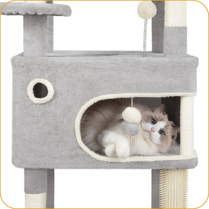 Tiragraffi per Gatti con Ampia Piattaforma, 178 Centimetri, 2 Grotte, 7 Pali per Graffiare, Palline di Peluche, Sedia a Dondolo, Amaca, Adatto a Tutte le Razze di Gatti, Grigio Chiaro, Grigio Scuro/Beige