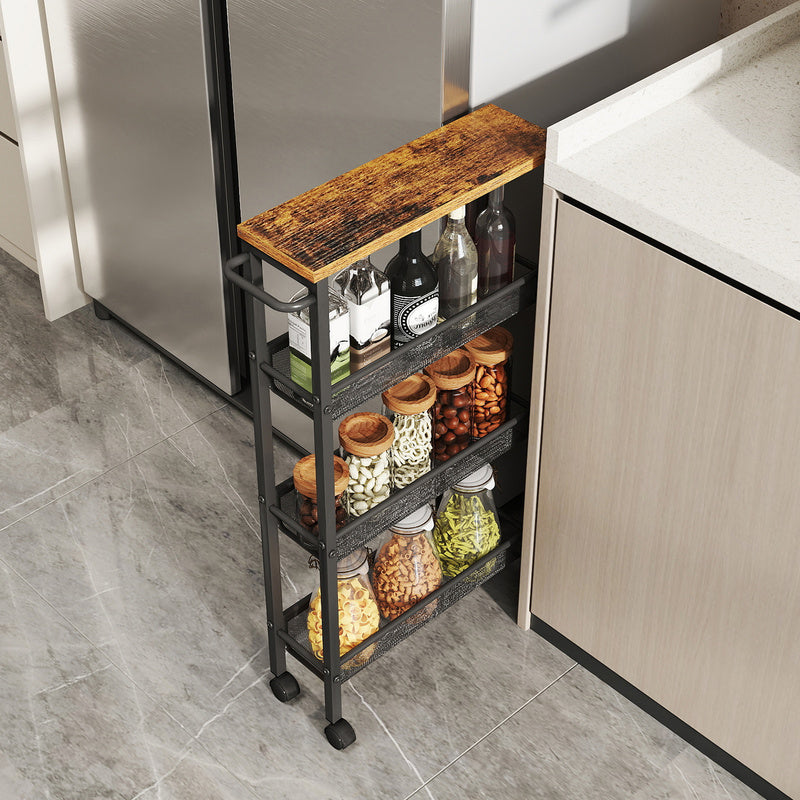 Carrello multiuso con rotelle, design sottile, si inserisce perfettamente negli spazi della cucina. Adatto per l'uso vicino alle cappe aspiranti, nei bagni e accanto ai frigoriferi.