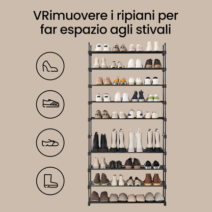 Scarpiera a 10 Ripiani, Armadio Aperto per Scarpe, Scaffale per Scarpe Autoportante, Alto e Stretto, Portascarpe, Conservazione Scarpe, in Metallo, Salvaspazio, Facile da Montare, Portatile, per Casa in Affitto, Ingresso, Corridoio, Camera da Letto, Uffic
