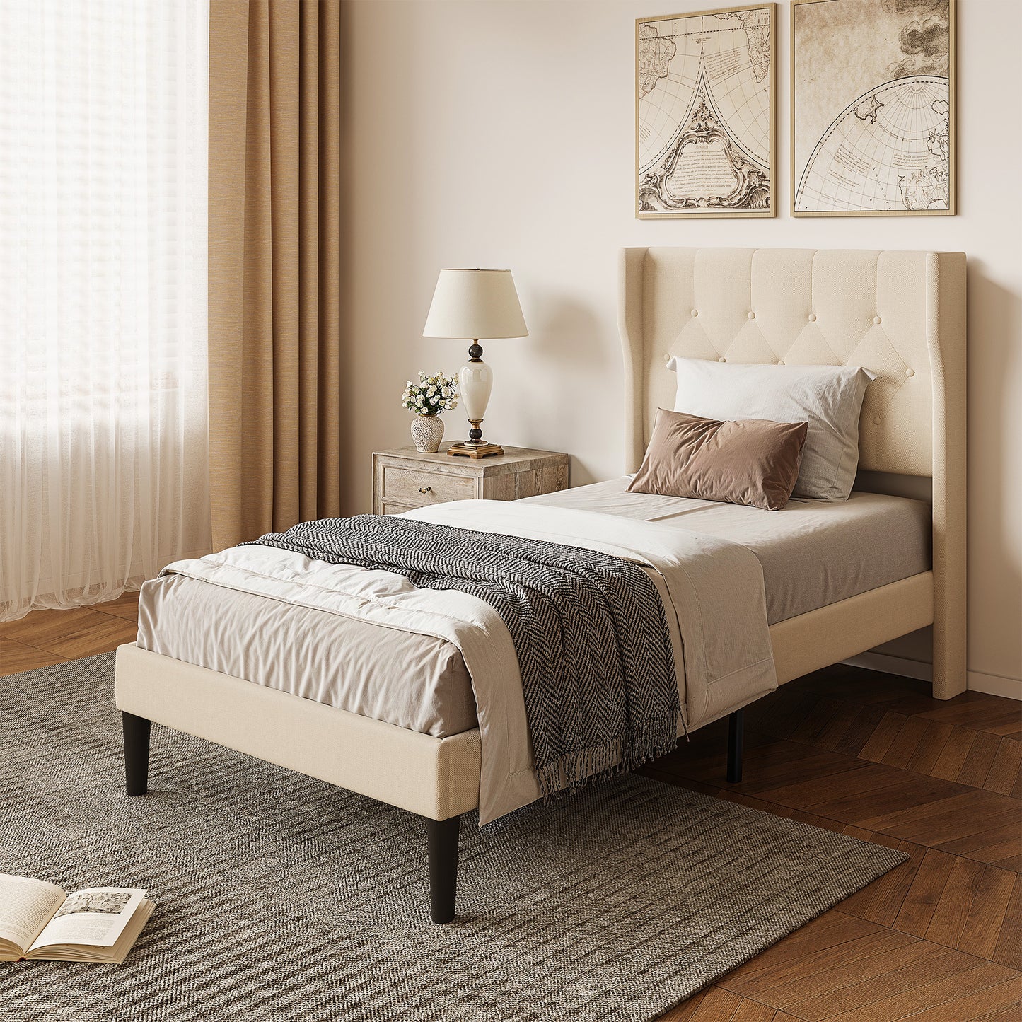Letto Singolo Imbottito con Testiera Alata e Struttura a Piattaforma | 90x200 cm | Design Moderno | Grigio Scuro | Struttura per Letto Singolo