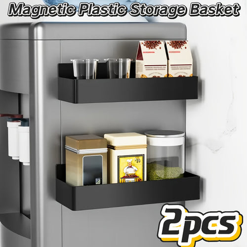 2 Pezzi Grandi Cestini Magnetici in Plastica per Conservazione, Porta Spezie Magnetico Laterale, Senza Foratura o Colla, Ripiano Rimovibile, Adatto per Frigorifero, Microonde e Lavatrice