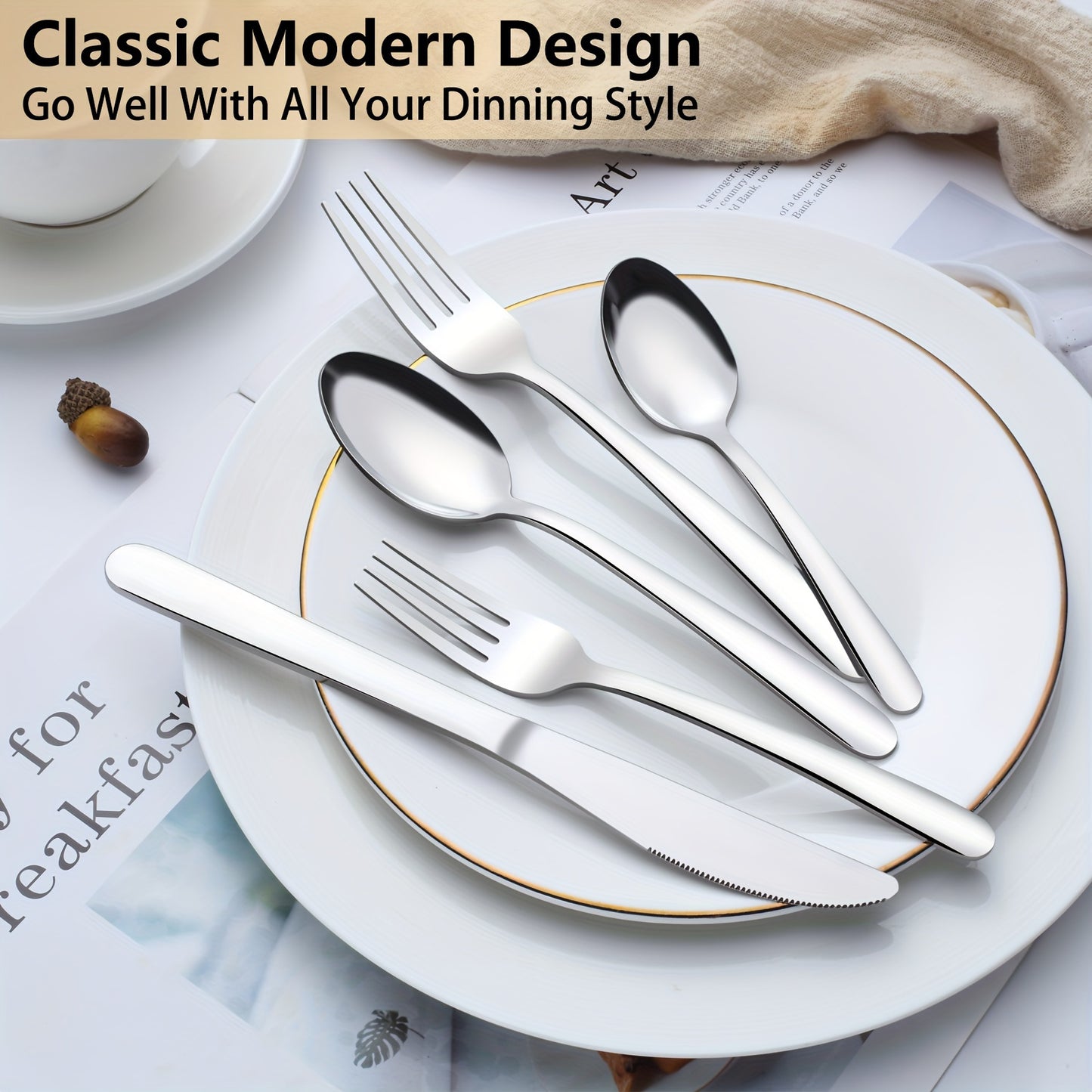 Set di 30 pezzi di posate in acciaio inossidabile argentato per 6 persone. Posate di alta qualità con coltelli, forchette e cucchiai. Set per hotel, feste, matrimoni, casa, cucina, ristorante, uso esterno. Altamente lucidate, manico ergonomico. Lavabili i
