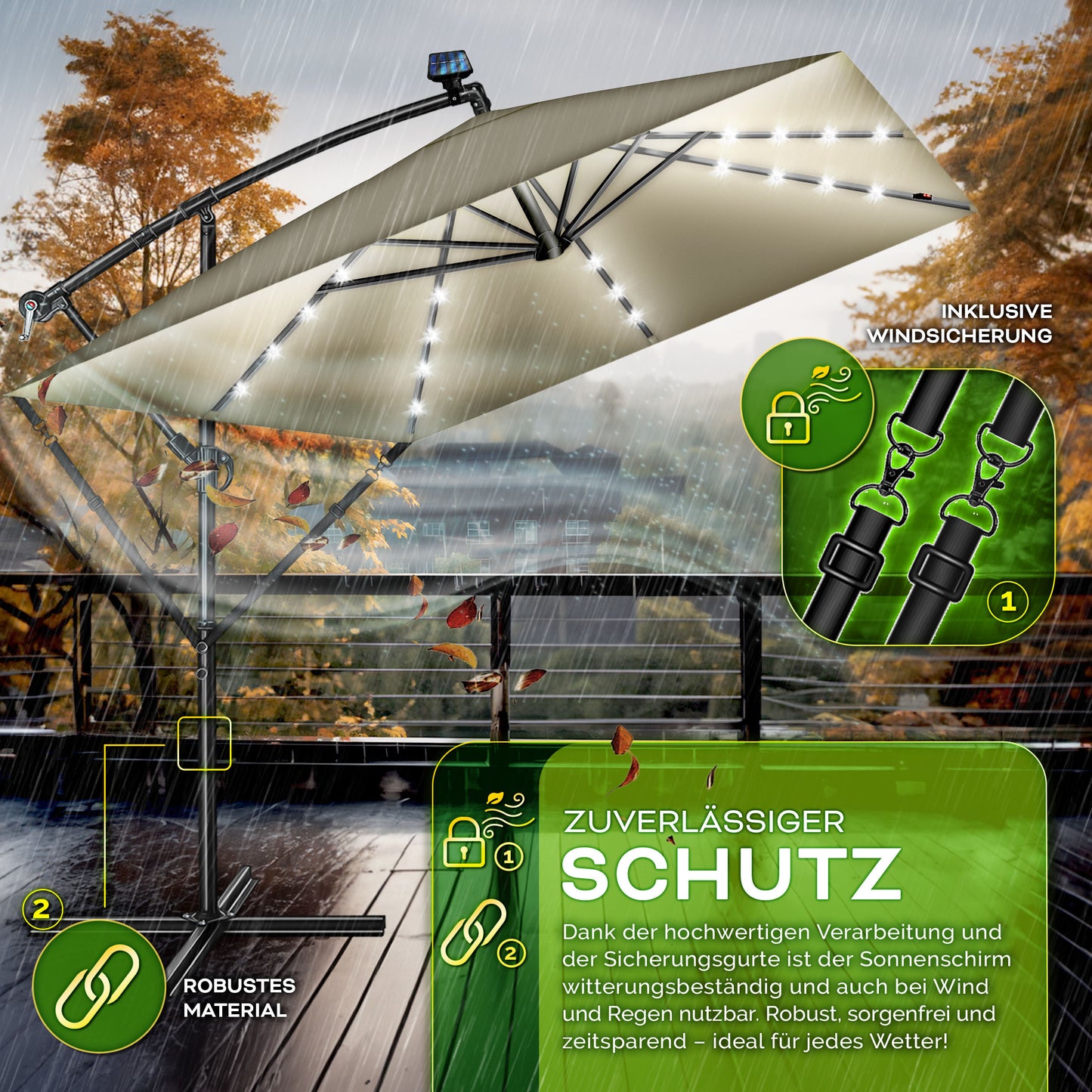 Tillvex® Tenda da Sole Rettangolare in Alluminio con LED Solare Ø 330 Cm + Copertura con Manovella | Ombrello Angolare con Luce Stradale, Supporto e Parabrezza | Grande Ombrello da Giardino in Alluminio con Protezione UV | Ombrello con Manovella, Ombrello