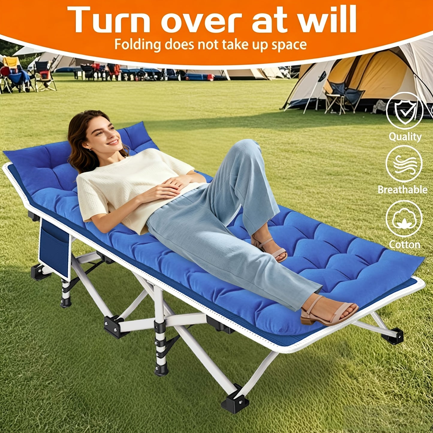 Letto da campeggio pieghevole extra large con materasso, letto portatile da esterno per spiaggia, giardino, pesca, vacanze, viaggio, telaio in ferro resistente e materasso imbottito morbido per caccia, campeggio, spiaggia, giardino