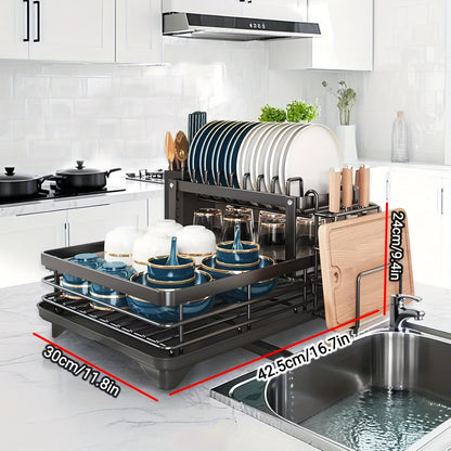 1 pezzo Organizzatore per Piatti in Metallo - Organizzatore per Piano Cucina Salvaspazio con Scolapiatti, Porta Utensili e Ganci per Tazze, Scaffale Pieghevole a Due Livelli per Piatti, Ciotole, Posate - Ideale per Cucine Domestiche e Commerciali, Asciuga