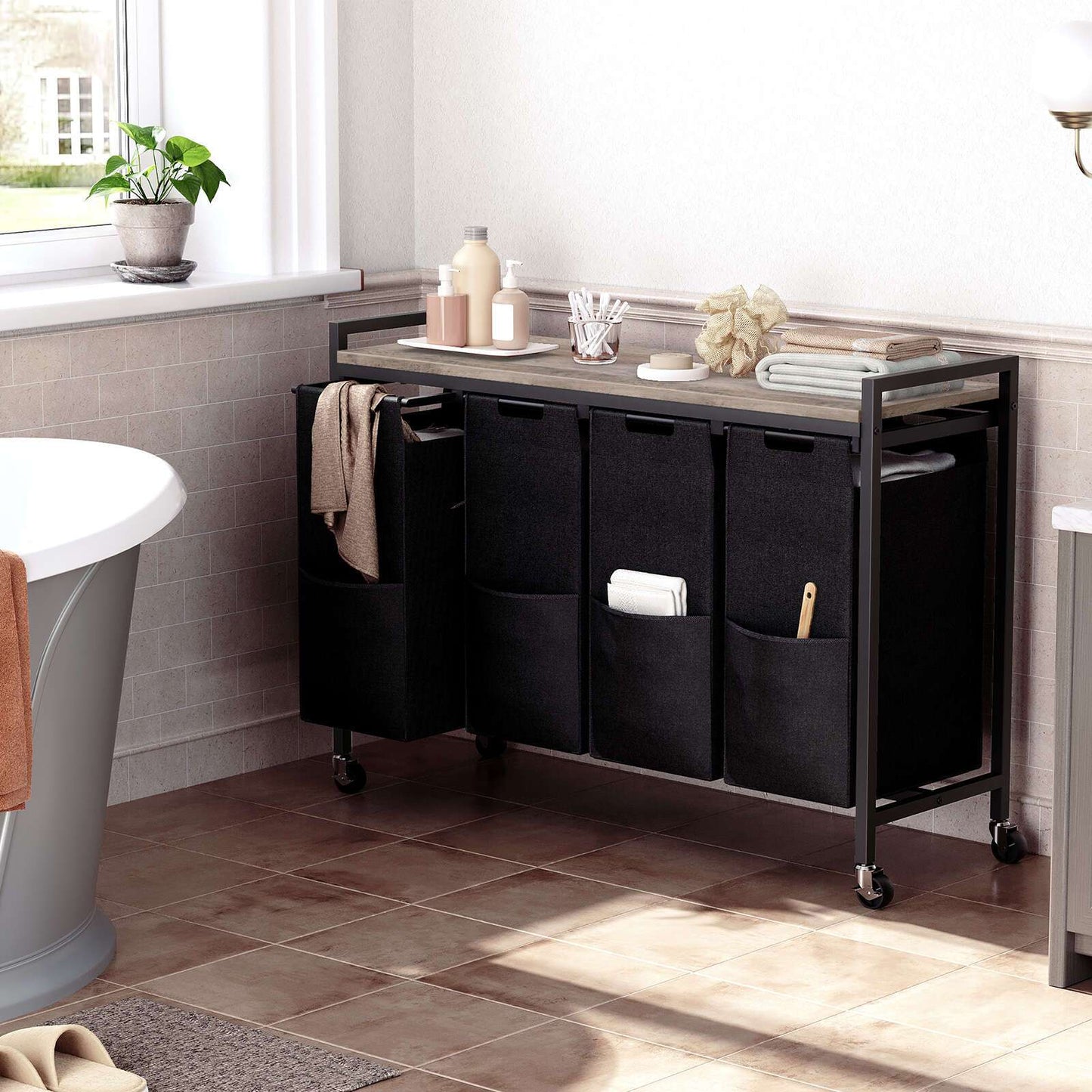 Bianco e Nero, Marrone e Nero, Separatore per la Biancheria 4 Sezioni, Cestello per la Biancheria, Cestello per la Biancheria con Ruote, 4 × 10.5 Gal (39.8L), Carrello Rotolante, Cestelli per la Biancheria in Tessuto Oxford Rimovibili e Pieghevoli, Cestel