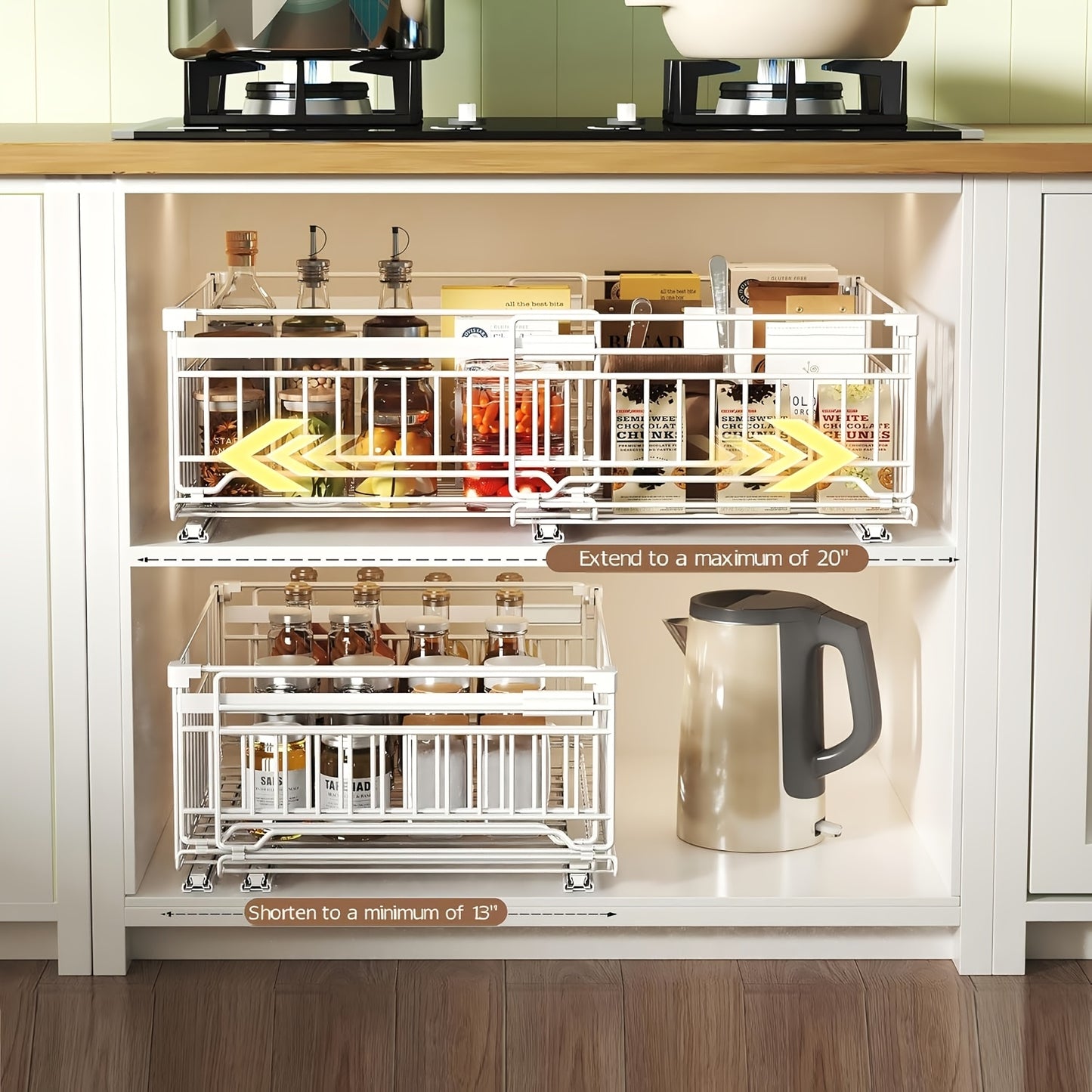 Organizzatore estraibile espandibile per armadietti, confezione da 1/2, ringhiera rialzata da 16.99 cm, larghezza regolabile da 32.99 cm a 50.98 cm, 3 guide, adesivo, non necessita di fori, stacca e incolla, cassetti estraibili adesivi per armadietti, cap