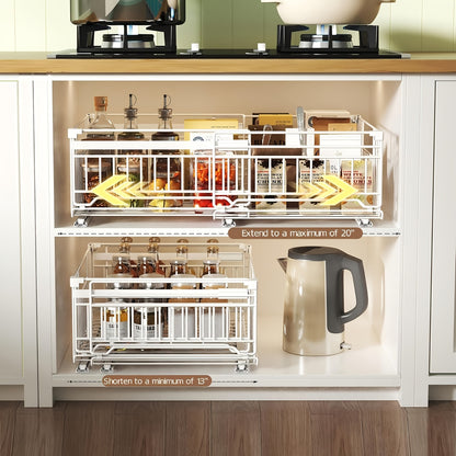 Organizzatore estraibile espandibile per armadietti, confezione da 1/2, ringhiera rialzata da 16.99 cm, larghezza regolabile da 32.99 cm a 50.98 cm, 3 guide, adesivo, non necessita di fori, stacca e incolla, cassetti estraibili adesivi per armadietti, cap