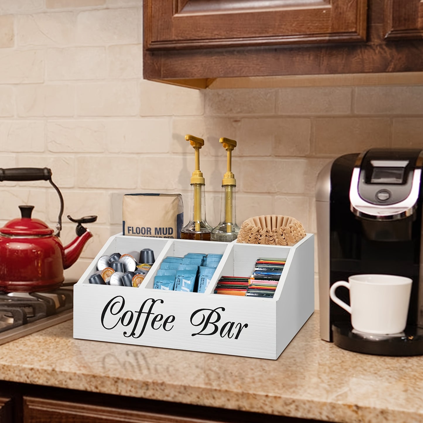 Organizzatore da bar per caffè Deluxe Freestable con cassetto - Legno adatto per cialde di caffè, accessori per tè, bustine di zucchero e formine | Ampia postazione da bancone, ufficio, bar | Organizzatore con cassetto per regali di Natale