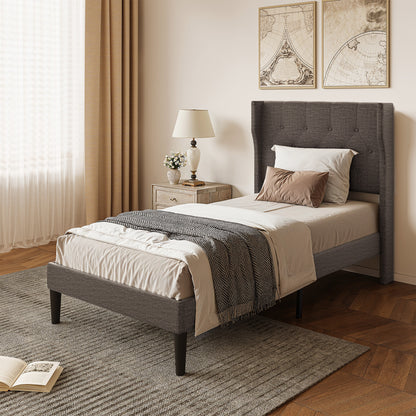 Letto Singolo Imbottito con Testiera Alata e Struttura a Piattaforma | 90x200 cm | Design Moderno | Grigio Scuro | Struttura per Letto Singolo