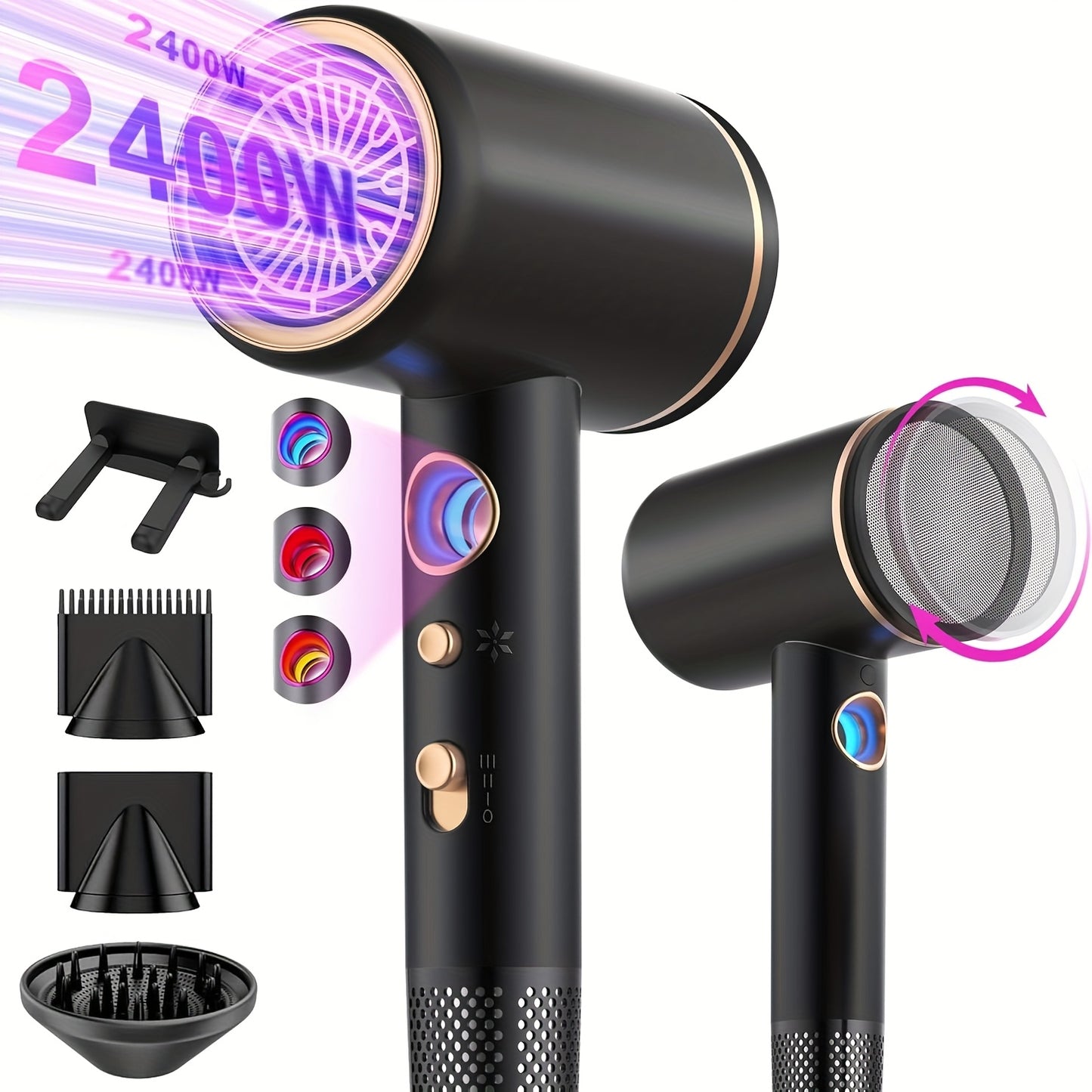 Asciugacapelli Ionico Professionale 2400W con Motore AC, Veloce, 3 Impostazioni di Calore e 3 Velocità, Pulsante Caldo/Freddo, Diffusore da Viaggio Incluso