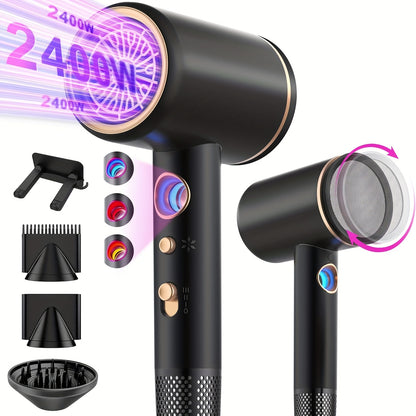 Asciugacapelli Ionico Professionale 2400W con Motore AC, Veloce, 3 Impostazioni di Calore e 3 Velocità, Pulsante Caldo/Freddo, Diffusore da Viaggio Incluso