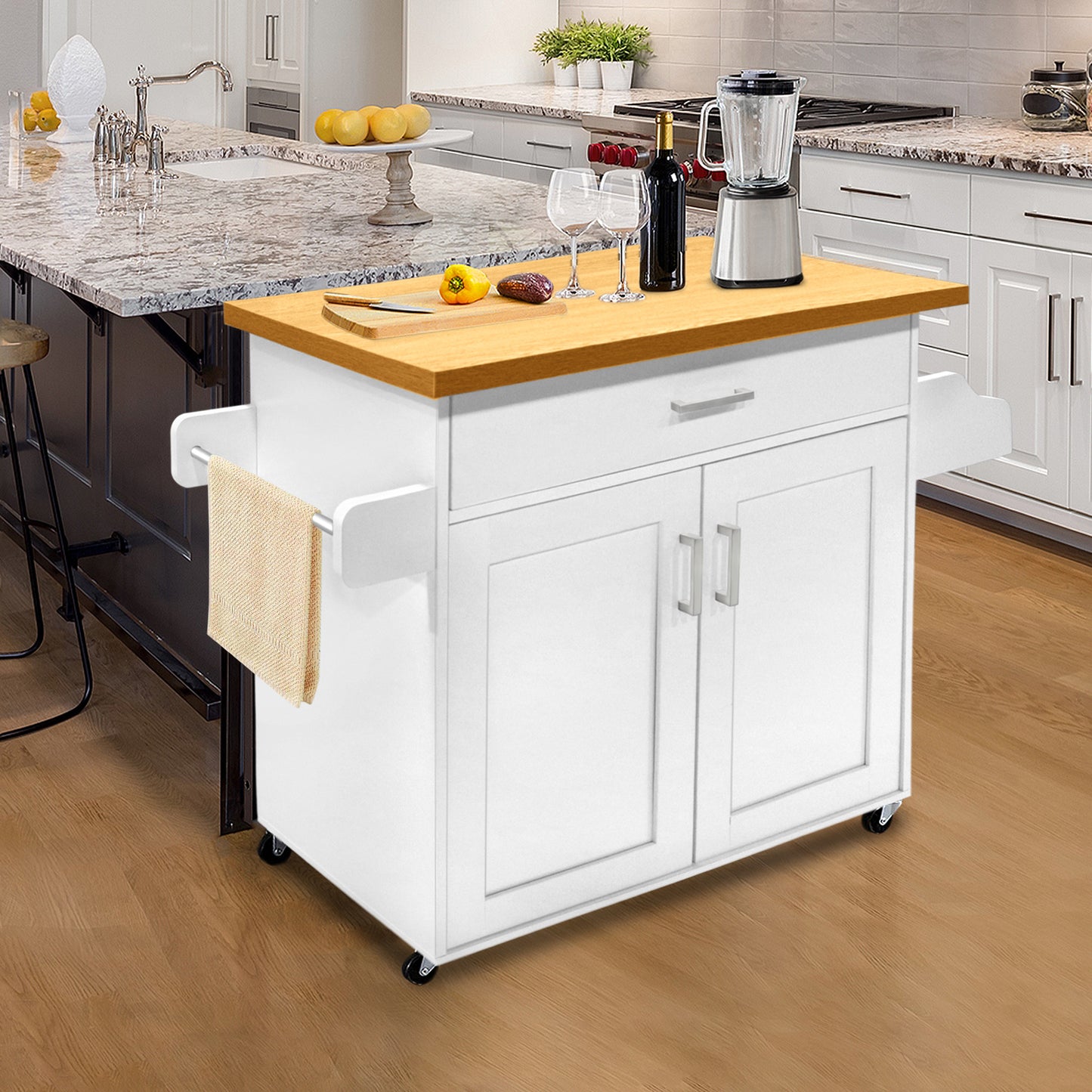 Carrello da cucina multiuso con misure 115 x 36 x 90 cm, dotato di ruote a 360° e ripiani per spezie, in colore bianco
