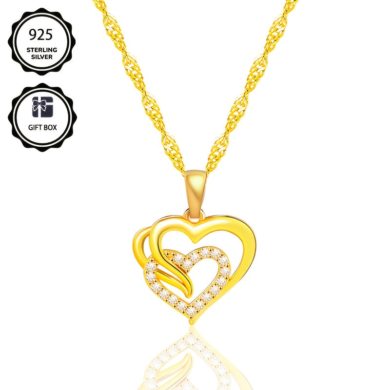 Collana pendente elegante in argento 925 per donna, con catena a onda unica e pendente a cuore in Zirconia sintetica scintillante, regalo perfetto per le feste e per le donne, confezionato in scatola regalo