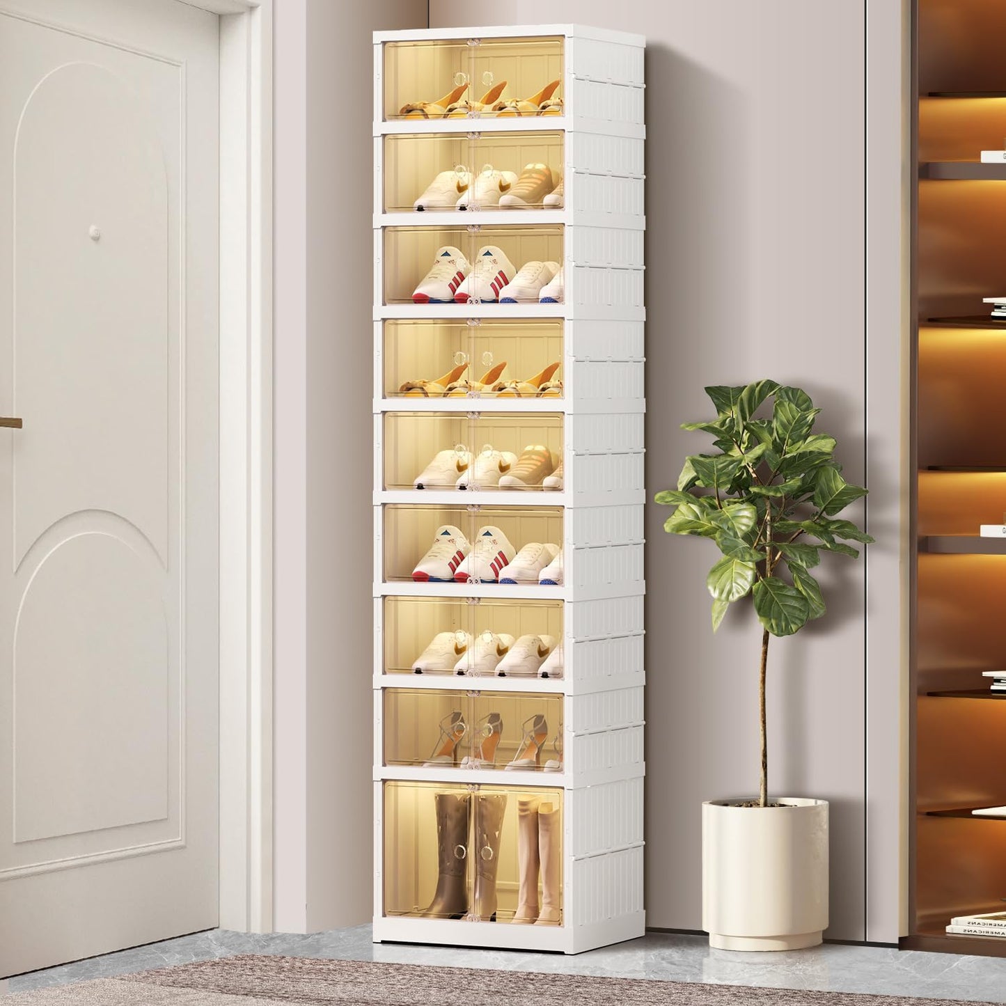 Scarpiera Organizzatrice Pieghevole a 9 Ripiani per 18 Paia - Scaffale in Plastica Trasparente Pieghevole per Armadio, Ingresso o Porta d'Ingresso - Contenitore Armadietto Alto Impilabile e Pieghevole per Scarpe