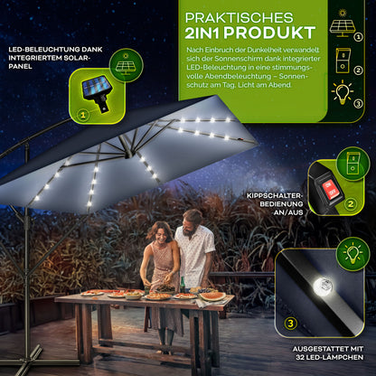 Tillvex® Tenda da Sole Rettangolare in Alluminio con LED Solare Ø 330 Cm + Copertura con Manovella | Ombrello Angolare con Luce Stradale, Supporto e Parabrezza | Grande Ombrello da Giardino in Alluminio con Protezione UV | Ombrello con Manovella, Ombrello