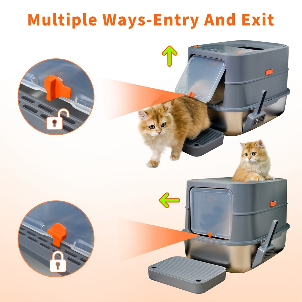 Lettiera per gatti extra large in acciaio inossidabile con coperchio - Misura XL, sponde alte, a prova di perdite, design facile da pulire, include paletta - Adatta per più gatti e razze di grandi dimensioni