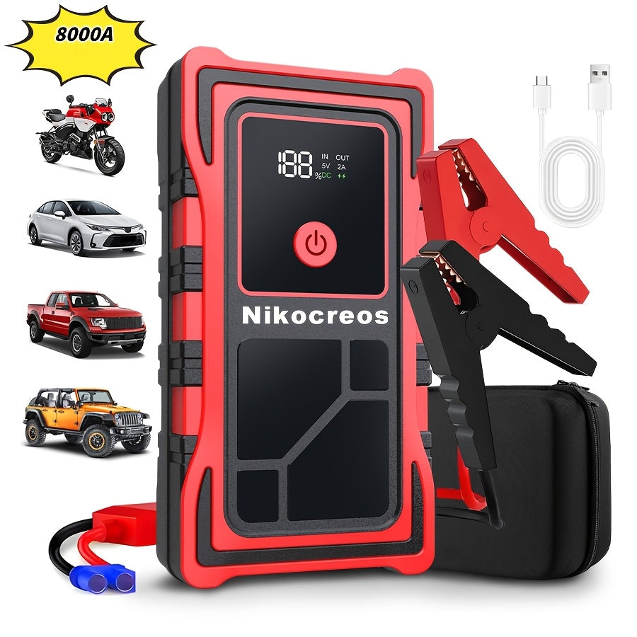 Avviatore d'emergenza per auto 6000A-8000A, display a LED, torcia a LED, ricarica rapida USB, batteria integrata ad alta capacità, portatile e facile da usare, avviatore per auto