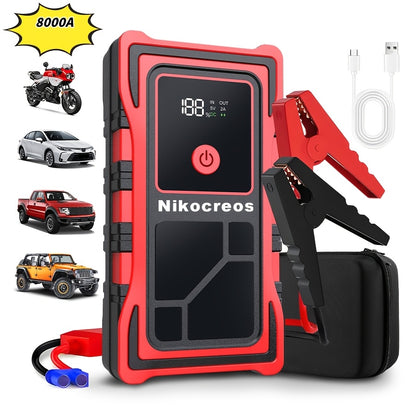 Avviatore d'emergenza per auto 6000A-8000A, display a LED, torcia a LED, ricarica rapida USB, batteria integrata ad alta capacità, portatile e facile da usare, avviatore per auto