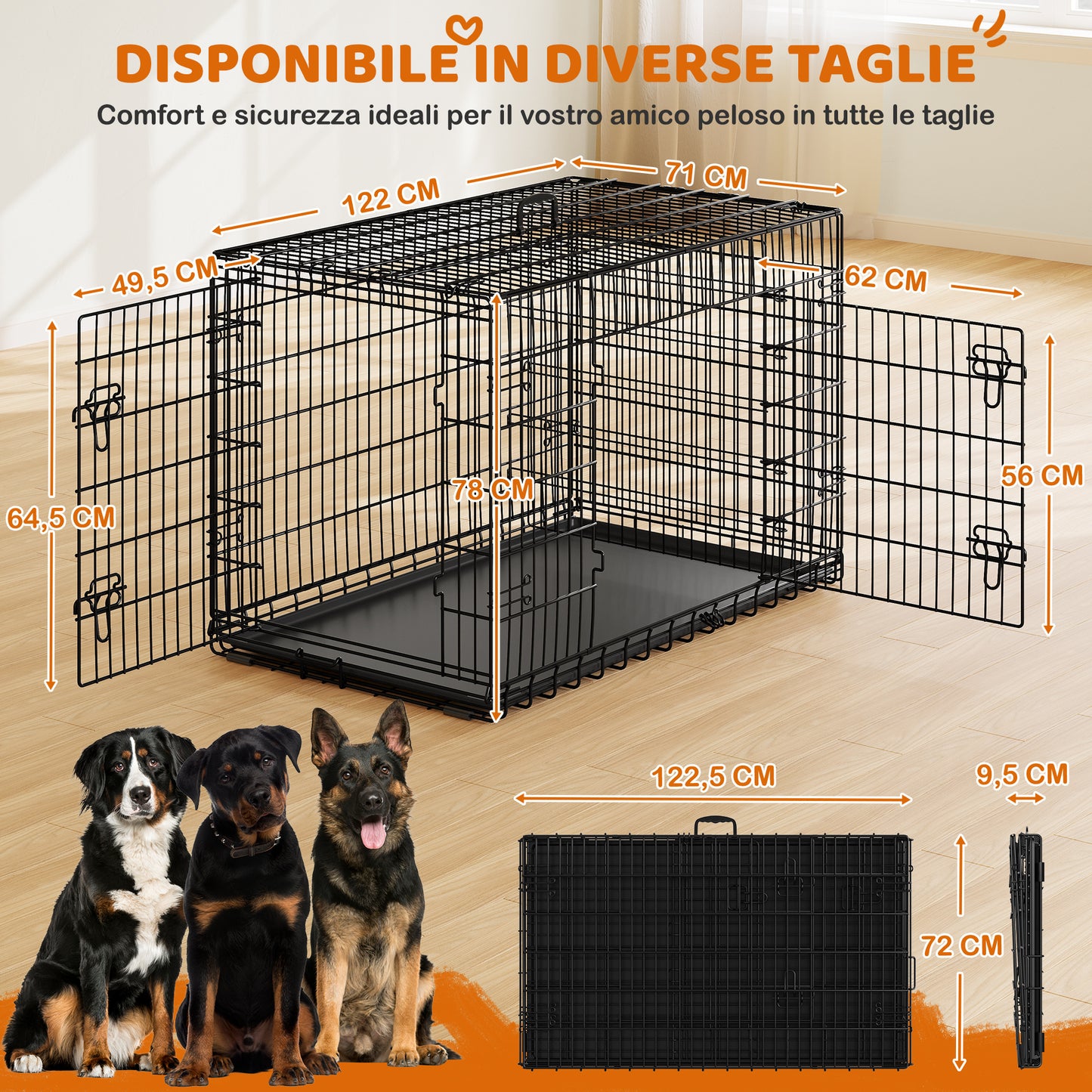 Costoffs Gabbia per Cani con Divisorio Kennel Metallica Pieghevole per Cani e Gatti Con 2 Porte e Vassoio Rimovibile Cuccia Cane da Esterno e da Interno Nero