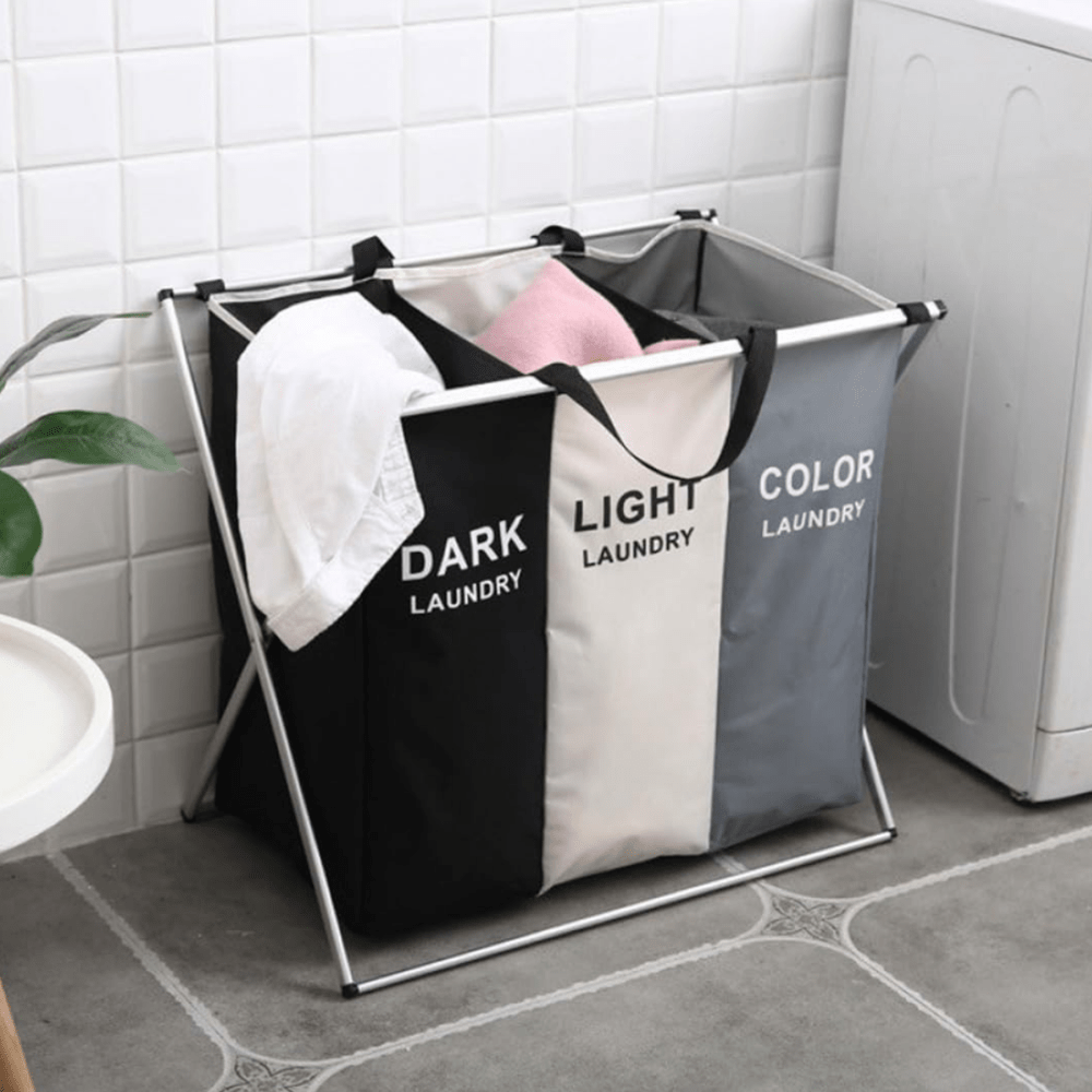 Cesto per la Biancheria Multiscomparto da 1 Pezzo, Grande Cestino Lavabile Portatile con 3/2/1 Sezioni, Tessuto in Poliestere Resistente, Colori Mescolare, Forma Rettangolare, per Uso Domestico in Varie Stanze