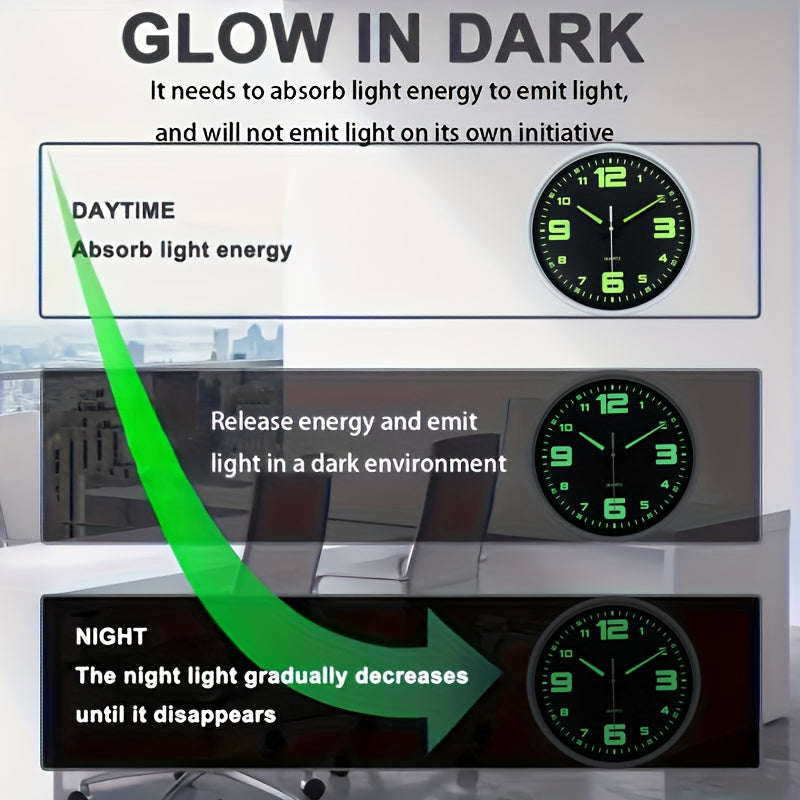 Orologio da parete silenzioso a 12 pollici con numeri che si illuminano al buio, numeri e lancette luminose che assorbono l'energia, 20,32-40,64 cm, in plastica senza ticchettio, a batteria, per soggiorno, camera da letto, ufficio, decorazioni da parete,