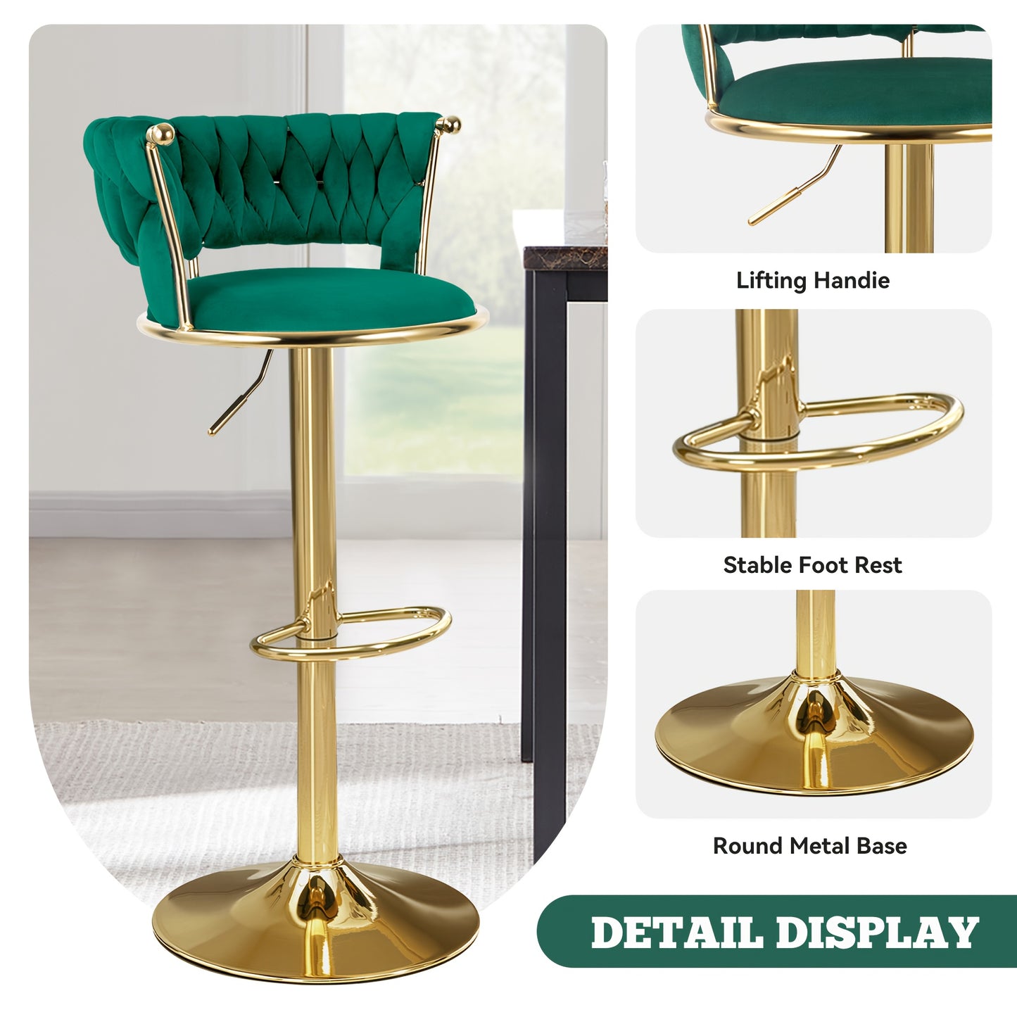 Set di 2 sgabelli da bar moderni girevoli in velluto intrecciato, sgabello, sgabello da bar girevole a 360° con schienale e altezza regolabile, sgabelli da bar alti in metallo dorato per isola cucina, per Natale, festival, regalo di Capodanno
