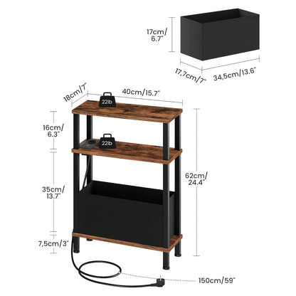 Tavolino Laterale Stretto a 3 Ripiani, Tavolino da Divano con Stazione di Ricarica, Comodino con Cassetto Rimovibile in Tessuto Non Tessuto, Tavolino da Divano in Stile Rustico, Adatto per Camera da Letto, Soggiorno, Ufficio, Molteplici Ambienti, Marrone