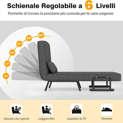 4 in 1 Poltrona Letto Singolo, Poltroncina Pieghevole con Schienale Regolabile in 6 Posizioni, Sedile Imbottito Robusto, Divano Letto per Casa Ufficio, 79x65x79 cm
