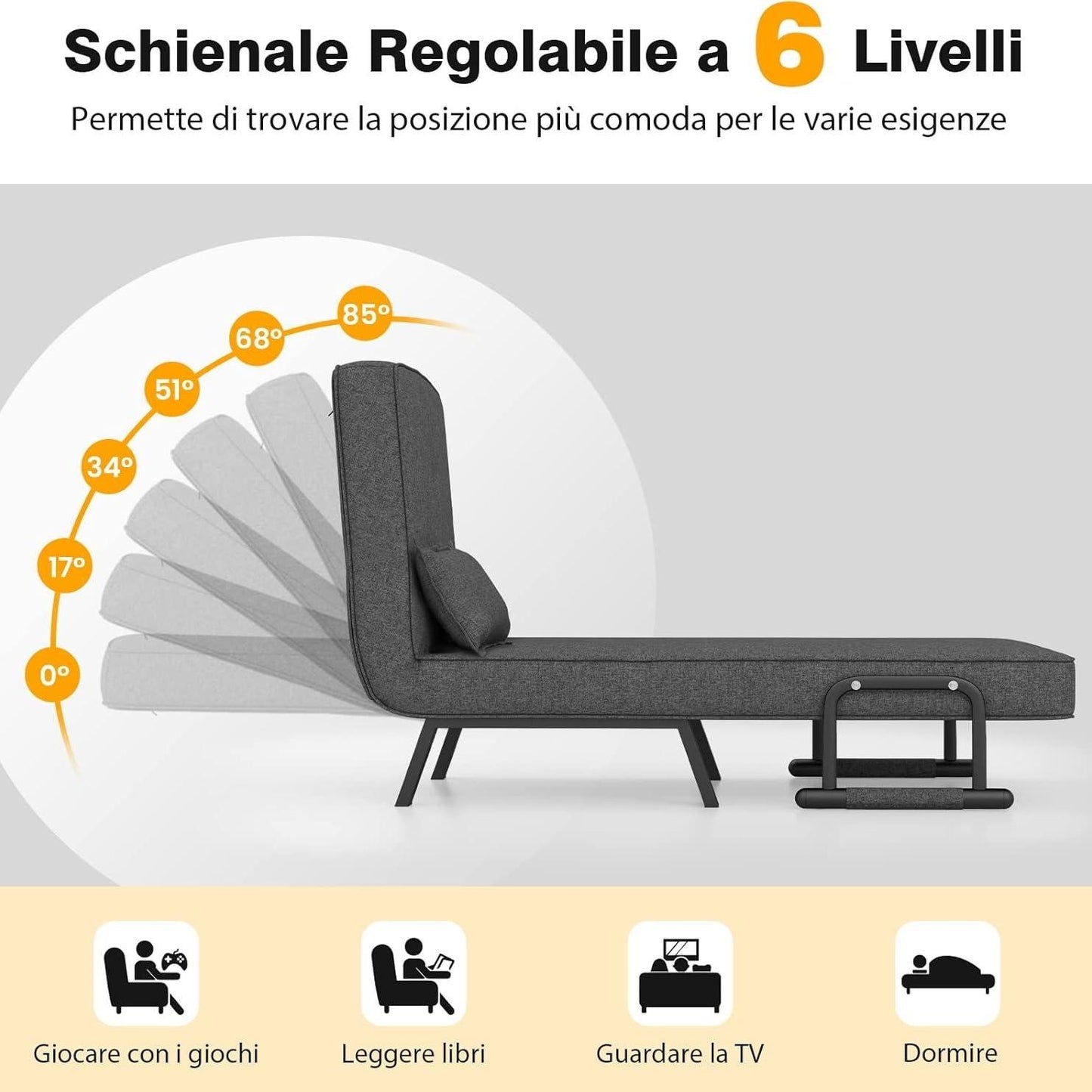 4 in 1 Poltrona Letto Singolo, Poltroncina Pieghevole con Schienale Regolabile in 6 Posizioni, Sedile Imbottito Robusto, Divano Letto per Casa Ufficio, 79x65x79 cm