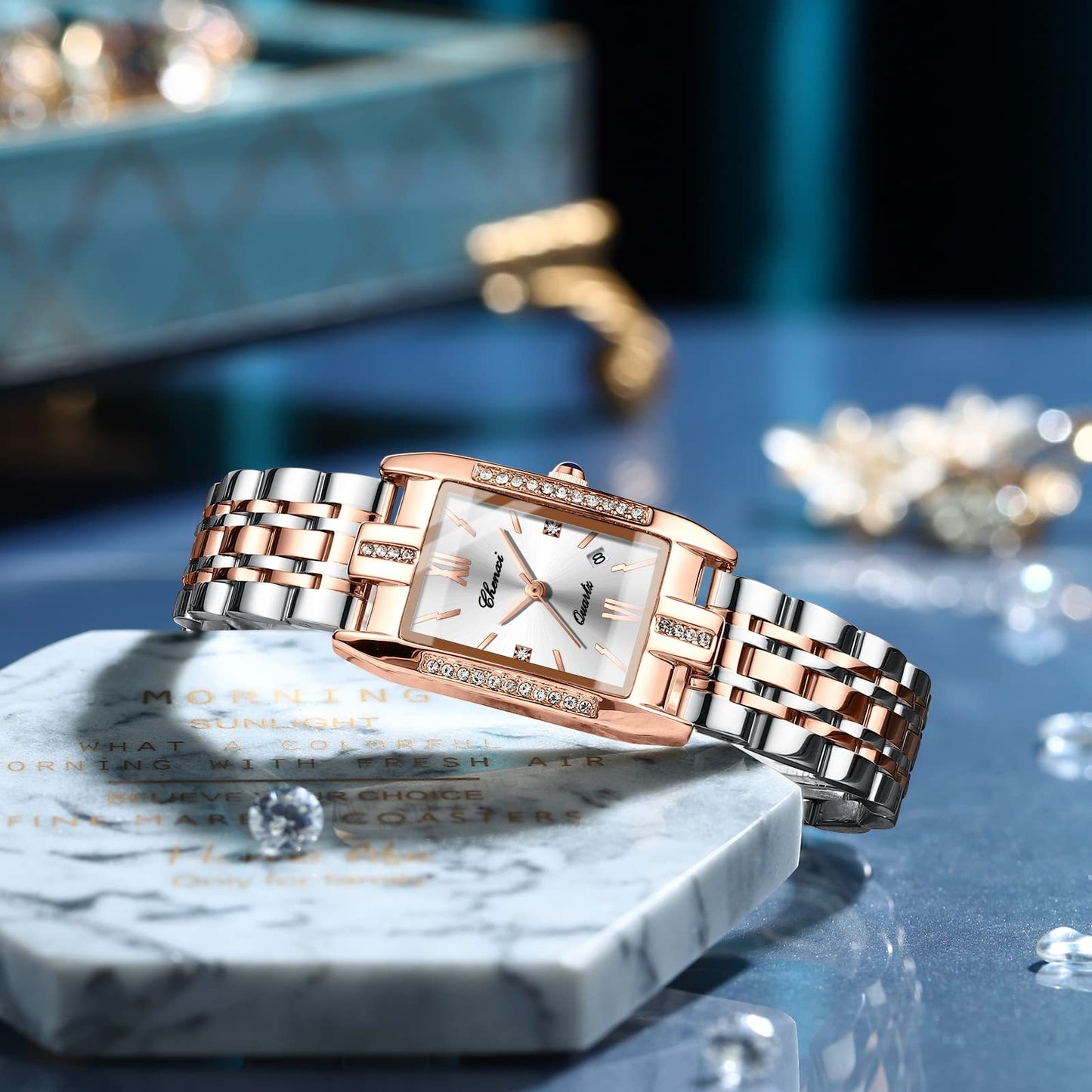 Jewelrywe Orologi Donna Analogico Quarzo Orologio da Polso Lusso Elegante Calendario con Data Strass Rettangolare Bracciale in Acciaio Inossidabile Business Casual