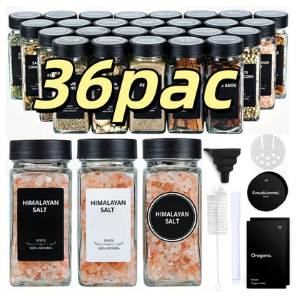 Set di 12/24/36 barattoli quadrati in vetro per spezie con etichette, contenitori ermetici da 4oz, coperchi agitatori a vibrazione e tappi di plastica sigillati, imbuto pieghevole incluso, barattoli decorativi MDecorative