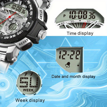 JOEFOX Orologio Sportivo da Uomo di Lusso con Doppio Display - Quadrante Grande, Luce Notturna LED, Impermeabile 3ATM, Cronografo e Sveglia, Orologio da Polso Stile Field da Uomo