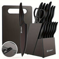 Set di 15 coltelli da cucina professionali con blocco in legno nero, manico antiscivolo in ABS per coltelli da chef, tagliere in plastica e forbici da cucina, regali di Natale e Capodanno per la cucina