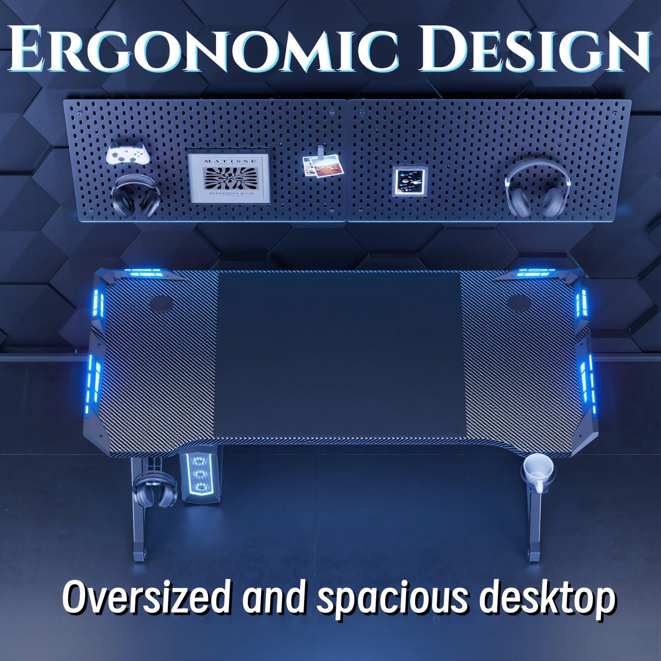 Scrivania da Gaming a Forma di Y con Luci LED RGB, Superficie in Fibra di Carbonio, Tavolo per Computer Ergonomico con Portabicchieri e Gancio per Cuffie, Postazione di Lavoro per Gamer, Ideale per Setup pz in Camera da Letto, Regalo di Natale, Compleanno